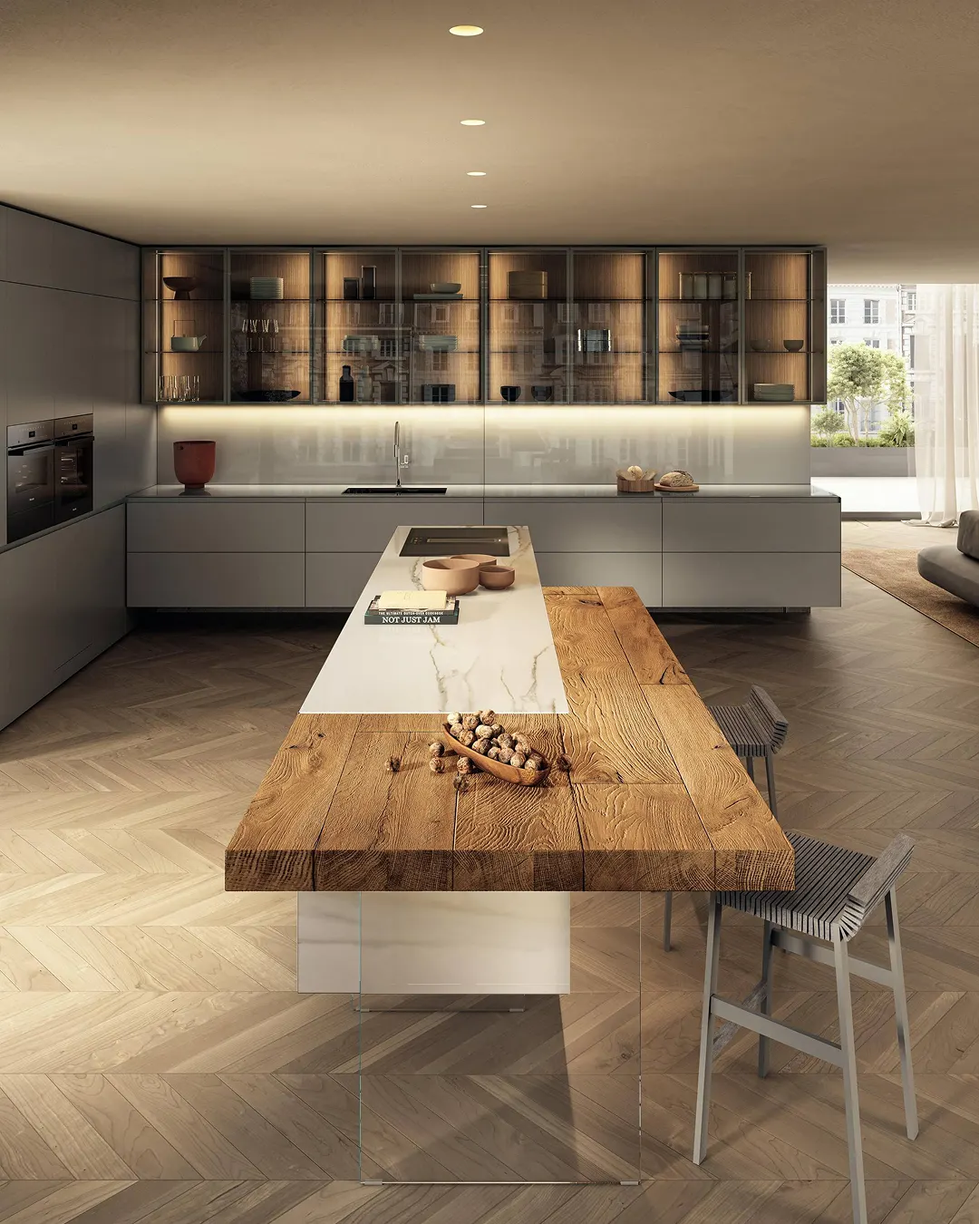 Cucina a isola Lago 36e8 con snack in legno e basi sospese