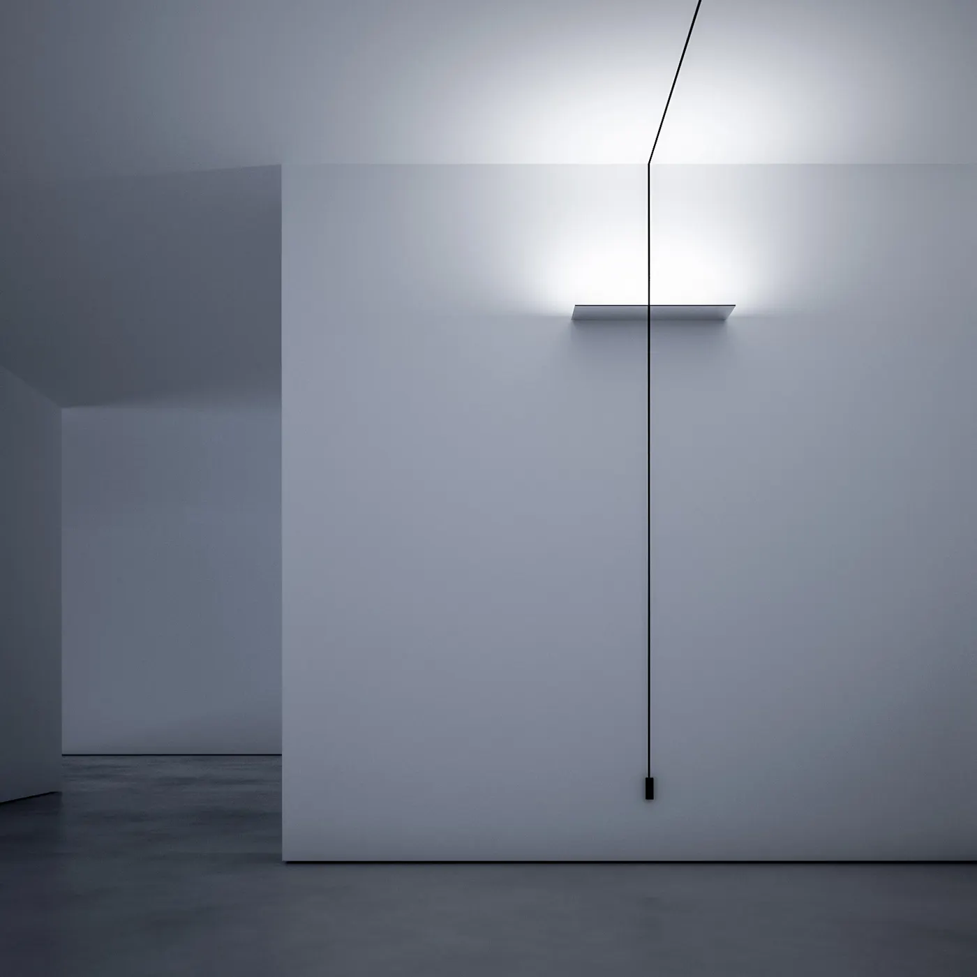 Ambiente moderno e minimale con lampada a parete rettangolare specchiata