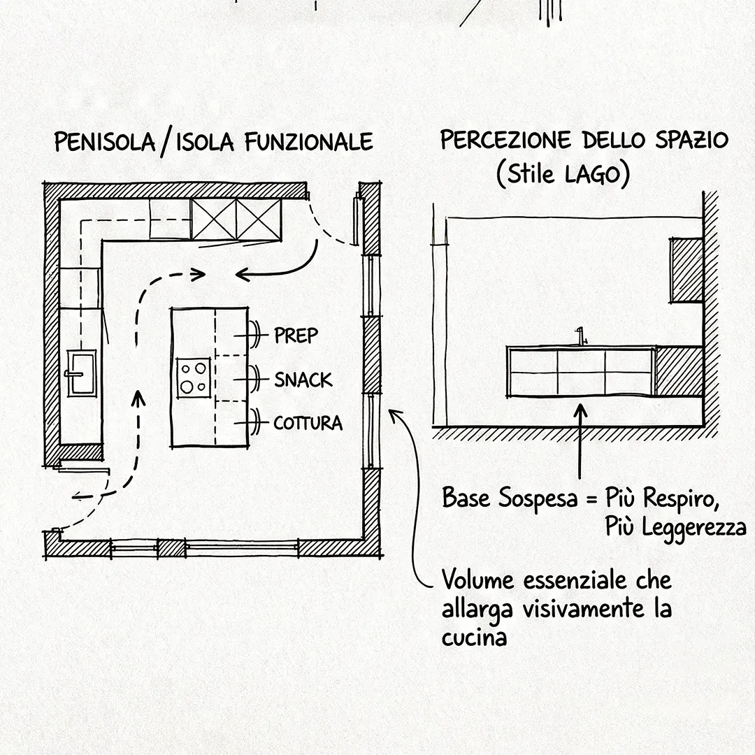 schema in pianta e alzato, tracciato a penna, di una cucina sospesa