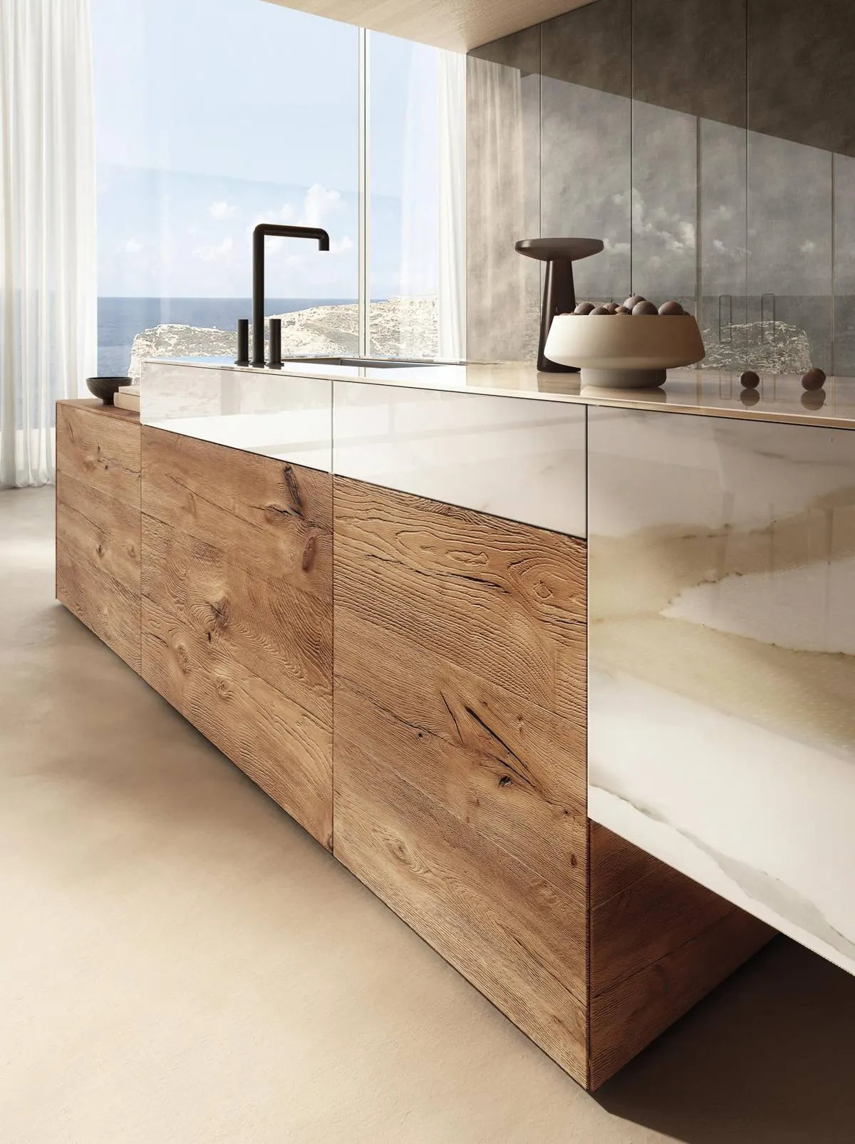 Dettaglio dei materiali di un'isola di una cucina moderna in legno e laccato lucido