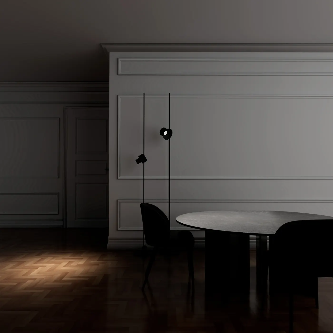 Soggiorno classico moderno con tacolo sulla destra e lampada a sinistra, che illumina il pavimento in parquet nella penombra